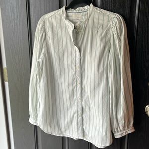 J.Crew light green/white stripe button up blouse, slight pucker @ shoulders, 12